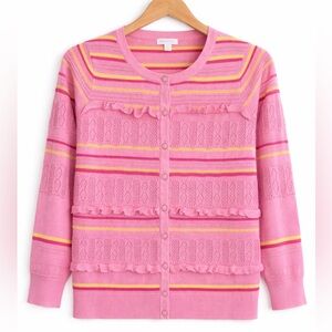 Ruffle Striped Pink and Yellow Cardigan Large Charter Club